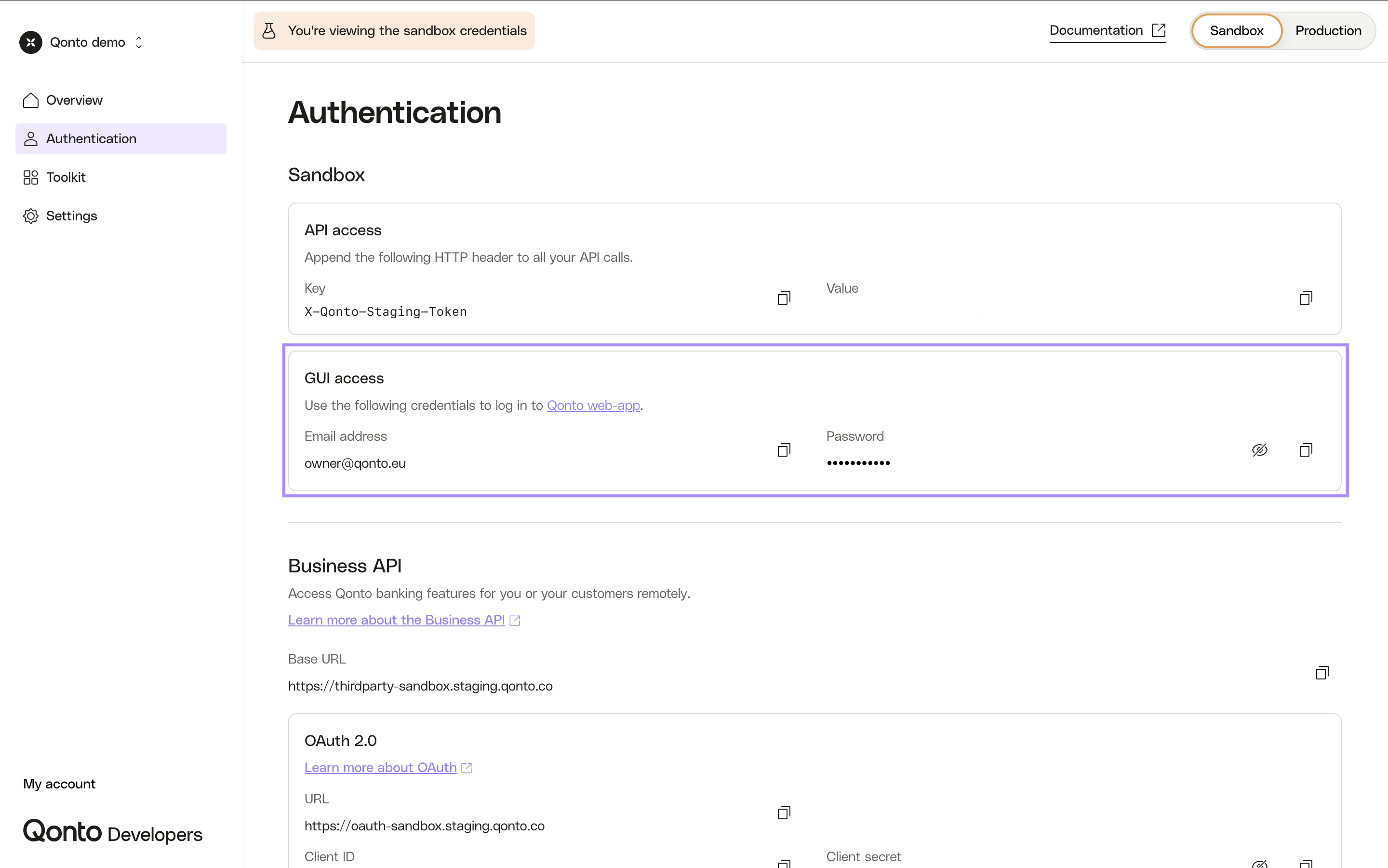 Developer Portal - Sandbox GUI access